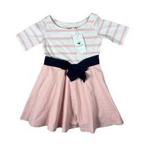 Hope & Henry Girls Pink White Striped Organic Cotton Bow Dress 18-24M Skater NWT